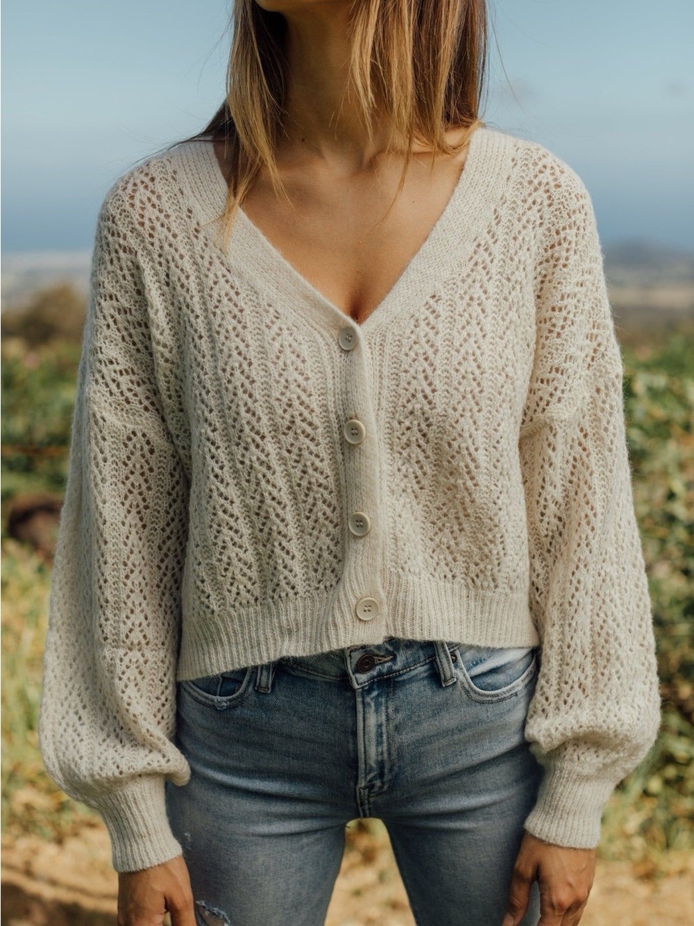 Open-Knit V-Neck Button Cardigan in Light Cream